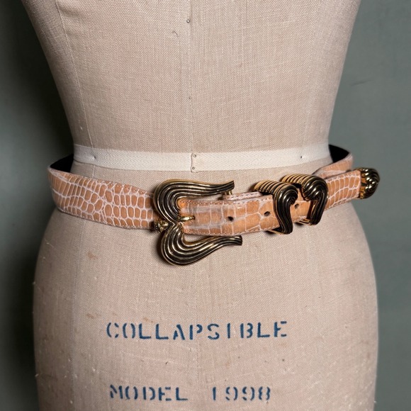 Vicenza Italian Calfskin Belt Tan Croc Embossed Gold Art Deco Buckle main image 4